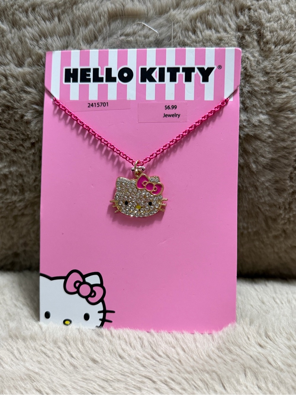 Hello Kitty Gold-Tone Crystal Face Necklace with Pink Chain